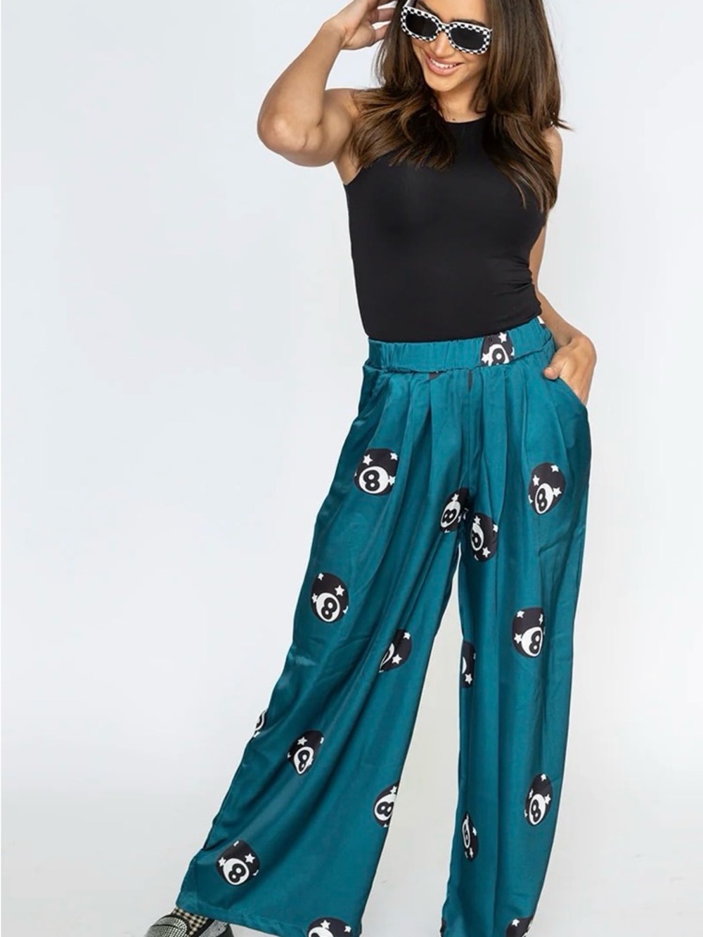 Teal Wide-Leg Printed Satin Pants small wknd chasers